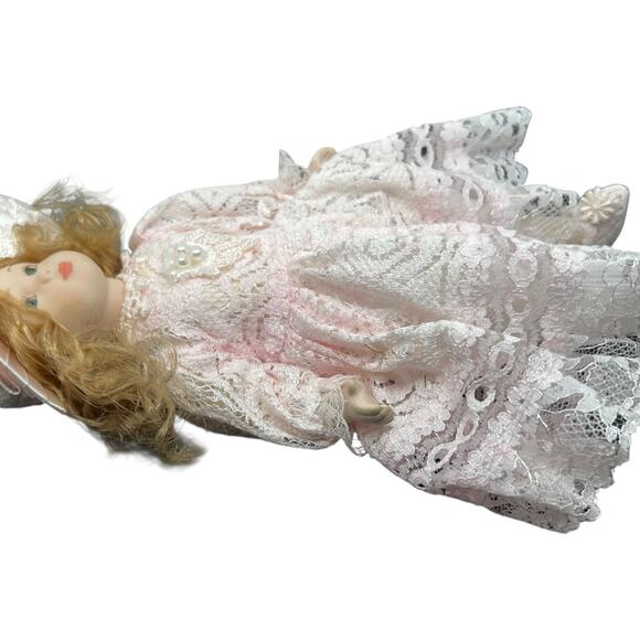 Porcelain Girl Doll in Blush Pink Lace Dress with Sunburst Hat - Picture 8 of 11